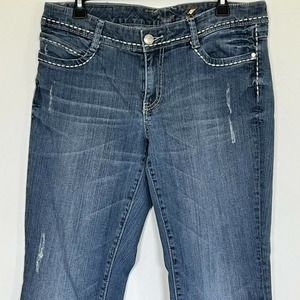 Seven7 Blue Jeans Denim Women Size 12 Embroidered Distressed Mid Rise Straight